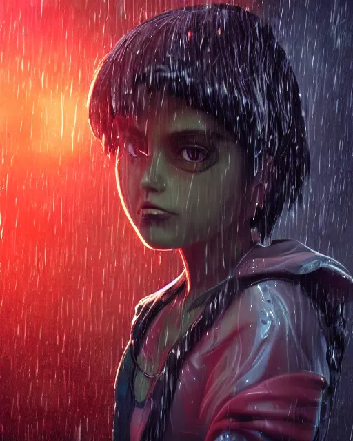 Image similar to An epic fantasy comic book style portrait painting of a very beautiful imposing Industrial goth Dora The Explorer in the rain, wet hair, neon reflections, character design by Mark Ryden and Pixar and Hayao Miyazaki, unreal 5, DAZ, hyperrealistic, octane render, cosplay, RPG portrait, dynamic lighting, intricate detail, cinematic