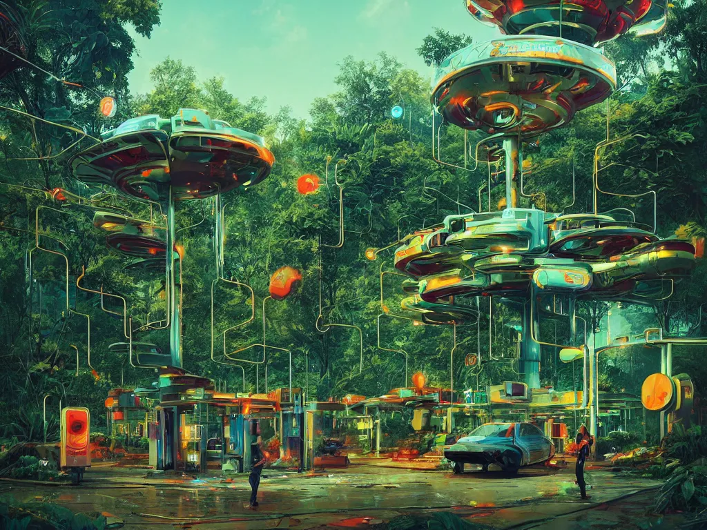 Image similar to 80s futuristic outdoor retro arcade, desolate, lush vegetation:: Simon Stålenhag and beeple and James Gilleard and Justin Gerard :: ornate, dynamic, particulate, intricate, elegant, highly detailed, centered, artstation, smooth, sharp focus, octane render, 3d