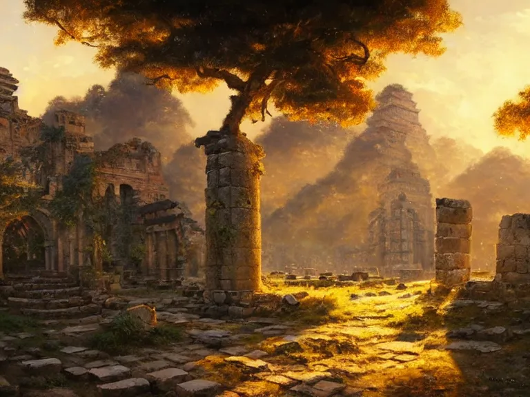 Prompt: ancient city ruins, ⛩, oil painting, 8 k, beautiful, vine, golden light, highly detailed, smoothly, artstation, cinematic, by wlop, by greg rutkowski, by artgerm