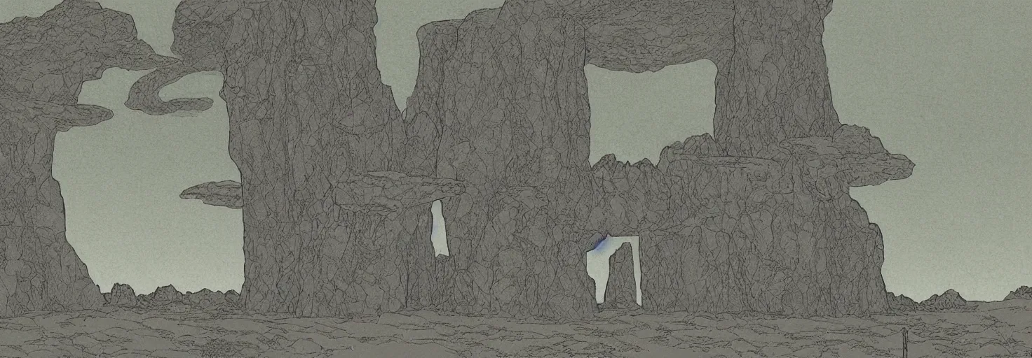 Image similar to monolith at the meadow of tranquility, in the style of moebius