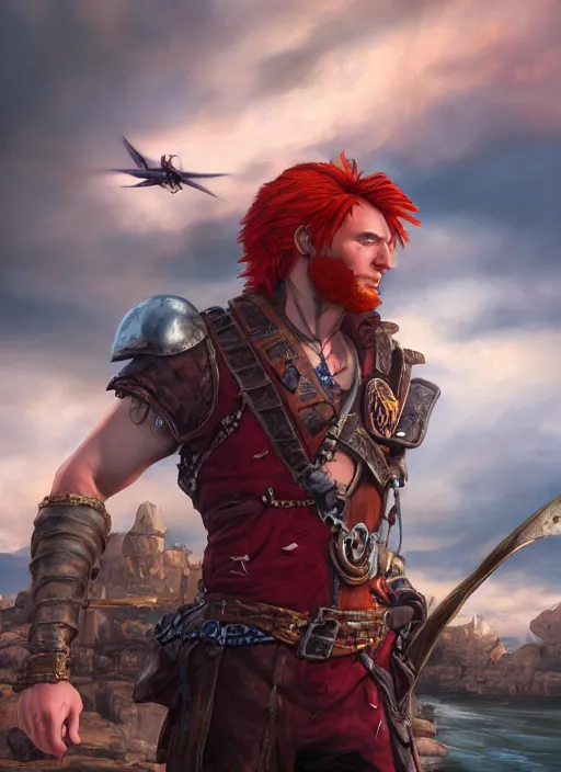 Image similar to An epic fantasy comic book style portrait painting of a red headed male sky-pirate in front of an airship, unreal 5, DAZ, hyperrealistic, octane render, cosplay, RPG portrait, dynamic lighting