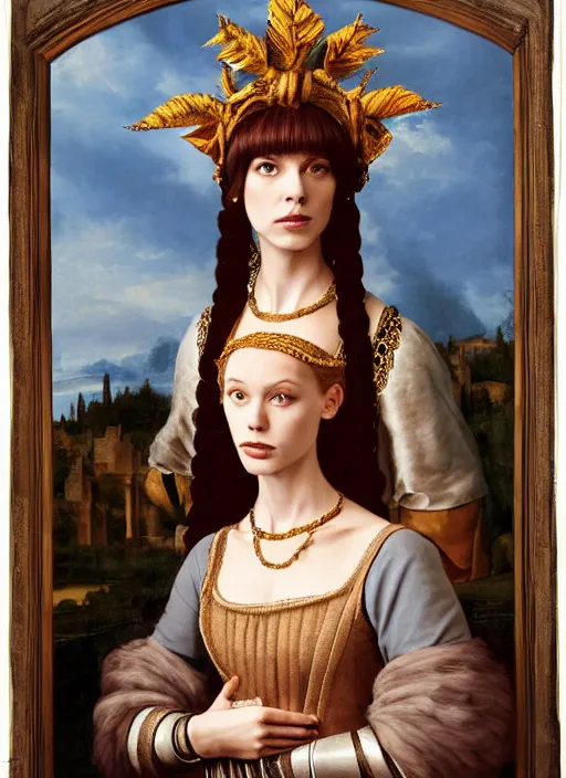 Image similar to portrait of young woman in renaissance dress and renaissance headdress, style by the fifth element