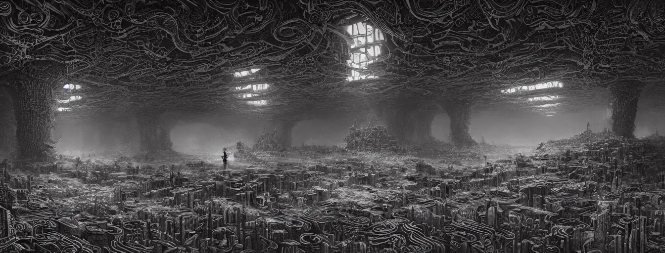 Image similar to intricate artwork masterpiece biomechanical dystopian brutalist hive mind domain, side - scrolling 2 d platformer level by nicolas delort, zdizslaw beksinski, victo ngai, josan gonzalez, kilian eng, ominous, dramatic horror cinematic lighting, volumetric 8 k