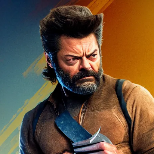 Prompt: logan wolverine pictured as nick offerman, x - men marvel movie still, imdb, detailed, 8 k, poster photosession style, deviantart and artstation top picks