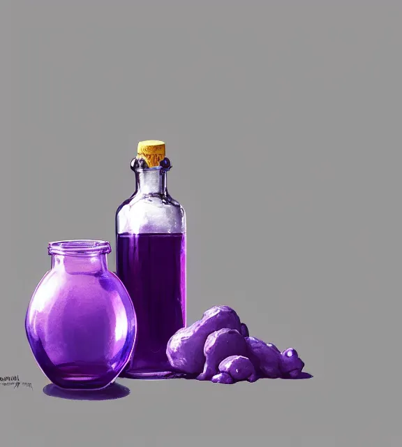 Image similar to a closeup of a purple potion in a round bottle on a messy desk. by makoto shinkai, stanley artgerm lau, wlop, rossdraws, james jean, andrei riabovitchev, marc simonetti, krenz cushart, sakimichan, d & d trending on artstation, digital art