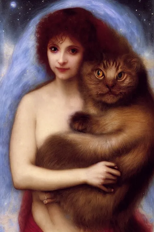 Image similar to a renaissance oil painting by alma tadema of demonic vampire evil woman with mischievous smile and fish eyes hugging a large fluffy cat, colourful pastel trending artstation, detailed portrait academic bouguereau high shadow contrast medium shot, sharp focus cosmic nebula background