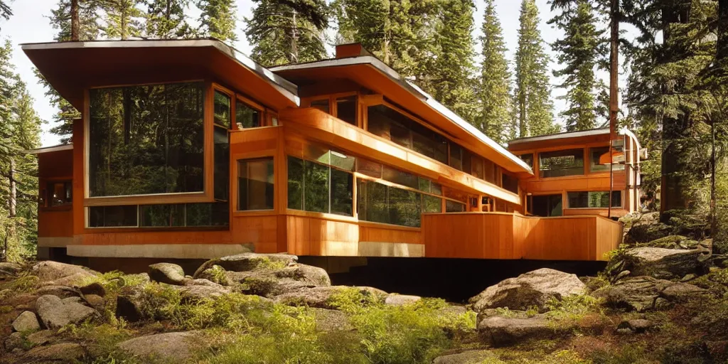 Image similar to large modern lodge, pacific northwest, cedar and concrete, many large windows, designed by frank lloyd wright and olson kundig