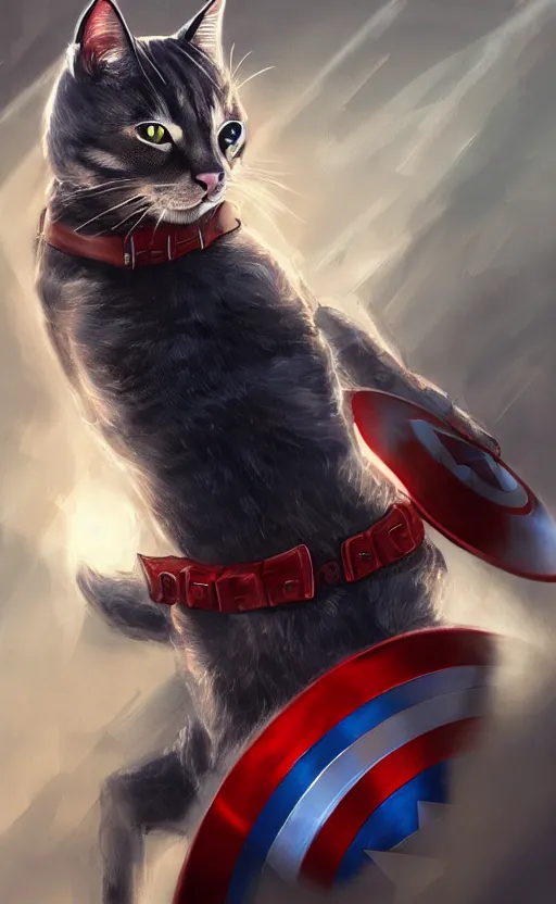 Image similar to cat as captain america, dynamic lighting, cinematic, ultra detailed, trending on art station, stunning visuals, creative, fantasy concept art