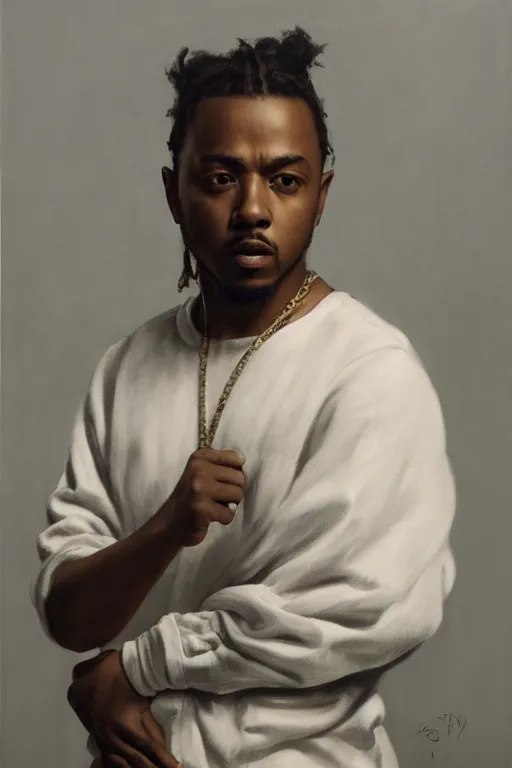 Image similar to Kendrick Lamar, oil on canvas, artstation, by Basquiat, J. C. Leyendecker and Edmund Blair Leighton and Charlie Bowater, octane render