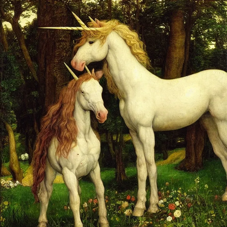 Image similar to A perfect unicorn, pre raphaelite painting