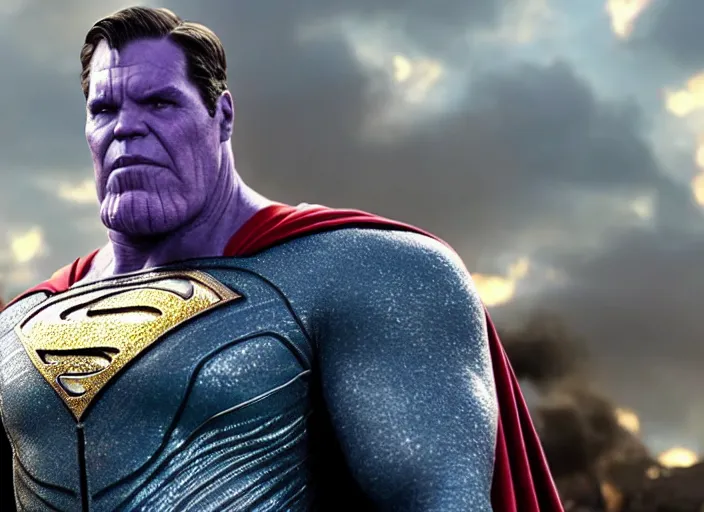 Image similar to film still of thanos as superman in the new superman movie, 4 k, highly detailed face, detailed eyes