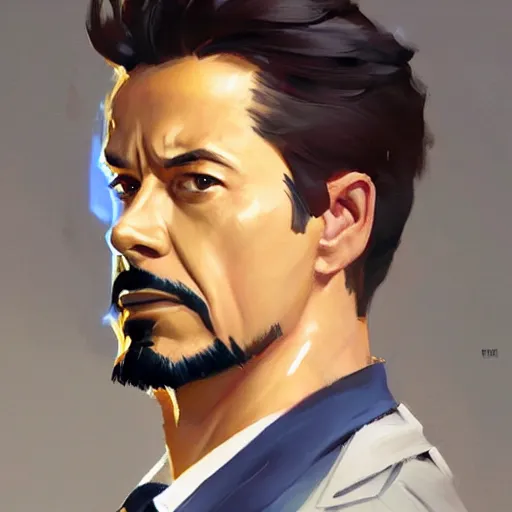 Image similar to greg manchess portrait painting of tony stark as overwatch character, totally whack, medium shot, asymmetrical, profile picture, organic painting, sunny day, matte painting, bold shapes, hard edges, street art, trending on artstation, by huang guangjian and gil elvgren and sachin teng