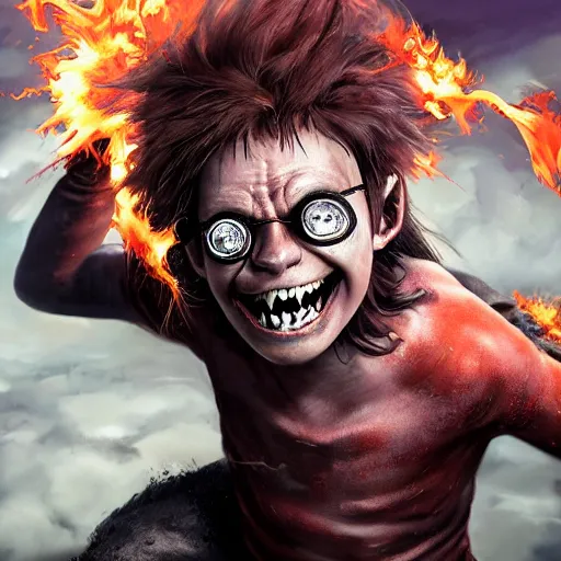 Image similar to An epic fantasy comic book style portrait painting of young Gollum with red spiked long hair, using an orange lens googles. Wearing white shirt, a black waistcoat, brown pants and black boots. He is throwing a wild fire blast from his hands, with a vicious smile in face. Unreal 5, DAZ, hyperrealistic, octane render, cosplay, RPG portrait, dynamic lighting , 8k ,