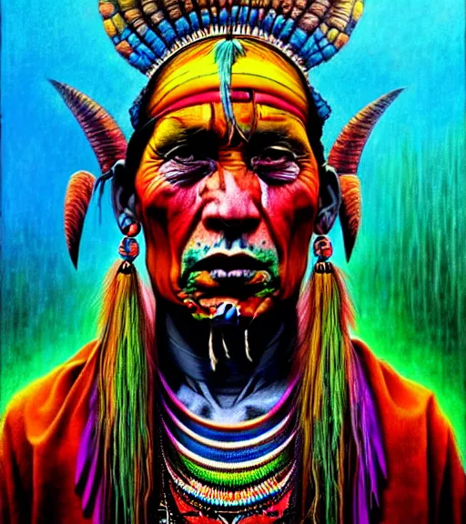 Image similar to Portrait painting in a style of Beksinski mixed with Alex Grey of an old shaman dressed in a colorful traditional clothes.