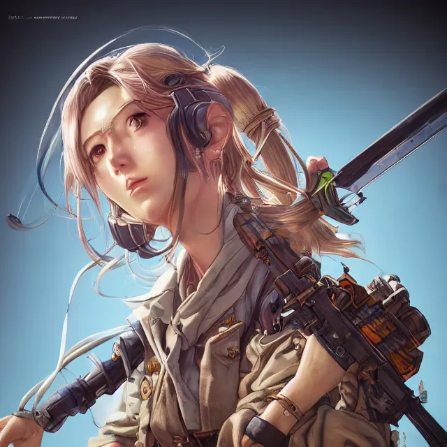 Image similar to the portrait of lawful neutral semi - colorful female infantry gunner as absurdly beautiful, gorgeous, elegant, young anime girl, an ultrafine hyperdetailed illustration by kim jung gi, irakli nadar, intricate linework, bright colors, octopath traveler, final fantasy, unreal engine 5 highly rendered, global illumination, radiant light, detailed and intricate environment