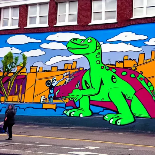 Image similar to belfast mural of barney the dinosaur holding an ak - 4 7