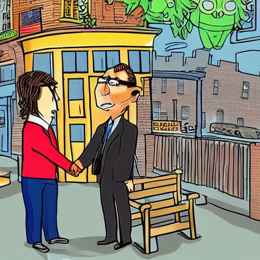 Prompt: john lennon shakes hand with obama outside quaint cafe in the city, cartoon style digital art