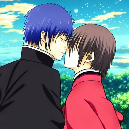 Image similar to Hijikata Toushirou kissing Okita Sougo,Official character illustration,Popular on Pixiv，Gintama,fantasy cherry blossom background