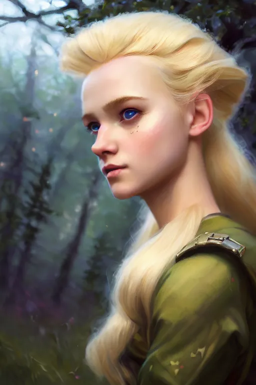 Image similar to cinematic shot of an epic portrait of a cute blonde fairy dressed in military clothes, stylised military clothes, shiny skin, beautiful eyes, beautiful, small details, night setting, realistic poster with volumetric light from jeremy lipkin and michael garmash, craig mallism, artgerm, unreal engine, radiant light, digital art, trends at art station, a masterpiece