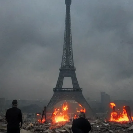 Image similar to A Guy standing a top of Eiffel tower, Zombie apocalypse, Zombie everywhere, Fire everywhere, Building destroyed, People screaming, Horde of zombies,