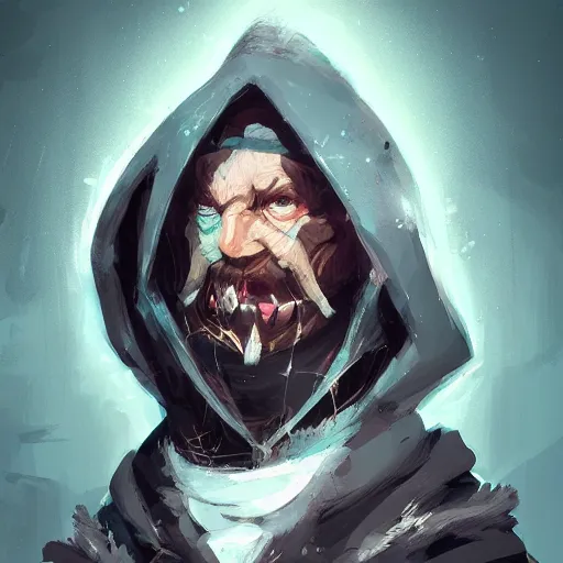 Image similar to dungeon master character portrait, by Ismail Inceoglu, puppet master, controller, wearing hood, digital art, brushstrokes