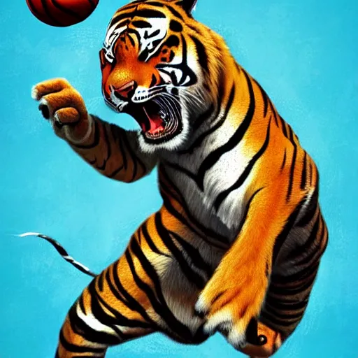 Prompt: a photorealistic picture of a tiger dunking a basketball comic book illustration Trending on Artstation, featured on Behance, well-rendered, fine detail, extra crisp image, Unreal Engine, 4K HD