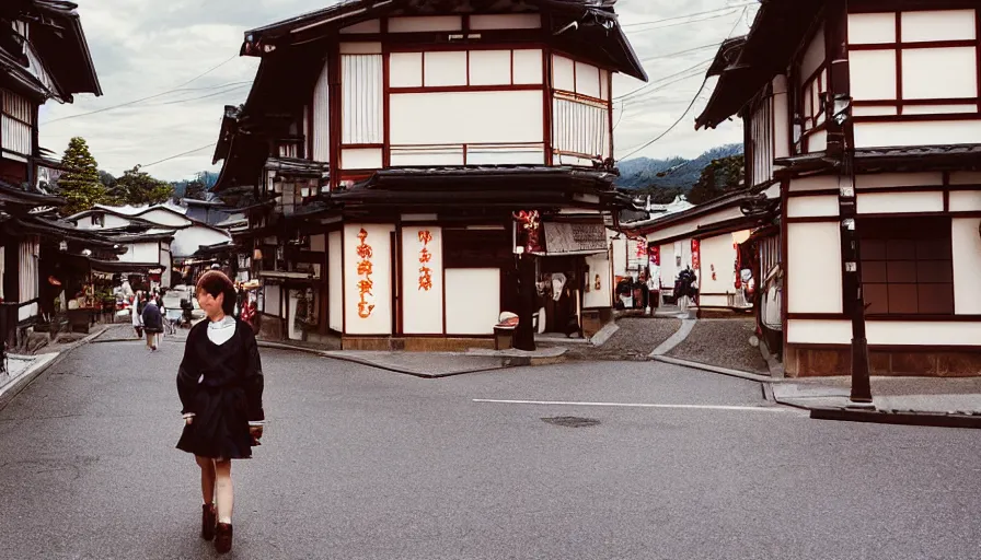 Image similar to 1 9 9 0 s candid 3 5 mm photo of a beautiful day in the a dreamy street in takayama japan mixed with details from tokyo and paris, cinematic lighting, cinematic look, golden hour, the clouds are epic and colorful with cinematic rays of light, a girl walks down the center of the street in a gucci dress, photographed by petra collins, uhd