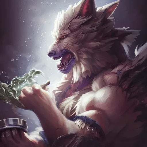 Image similar to portrait of werewolf of ashes and smoke, league of legends splash art, hearthstone splash art, full body shot, rule of thirds, ultrafine hyperrealistic detailed face, artgerm, greg rutkowski, trending on artstation, 8 k, intricately detailed, highly detailed