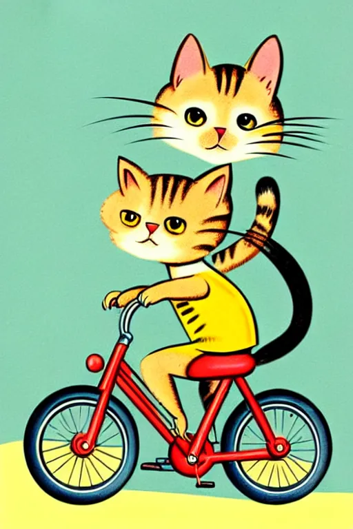 Prompt: a 1 9 5 0 s retro illustration. a cat riding a bike. by richard scarry. muted colors, detailed