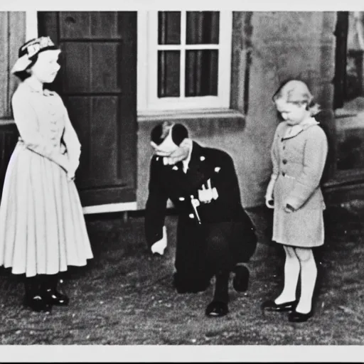 Image similar to ultra wide 1 9 4 6 blurry historical photo of a single german general kneeling, a young queen elizabeth and her brown and white corgi watch him, french village exterior, highly detailed, sharp focus