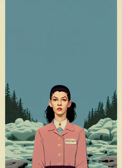 Prompt: Twin Peaks poster artwork by Michael Whelan, Bob Larkin and Tomer Hanuka, of portrait of Zendaya wearing baby blue color diner waitress dress, from scene from Twin Peaks, simple illustration, domestic, nostalgic, from scene from Twin Peaks, clean, full of details, by Makoto Shinkai and thomas kinkade, Matte painting, trending on artstation and unreal engine