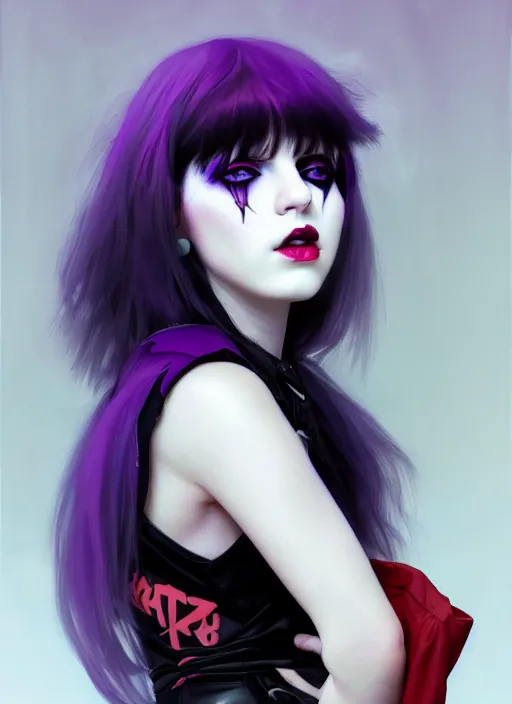 Image similar to portrait of white teenage girl, normal face, black bangs, mall goth, cyberlox, black and white hair, bangs, fluffy bangs, red contacts, purple lipstick, intricate, elegant, highly detailed, digital painting, artstation, concept art, sharp focus, smooth, illustration, art by wlop, mars ravelo and greg rutkowski