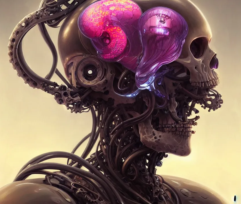 Image similar to Cyborg biomechanical jellyfish skull face portrait, sci-fi, highly detailed, digital painting, artstation, concept art, smooth, sharp focus, illustration, art by artgerm and greg rutkowski and alphonse mucha