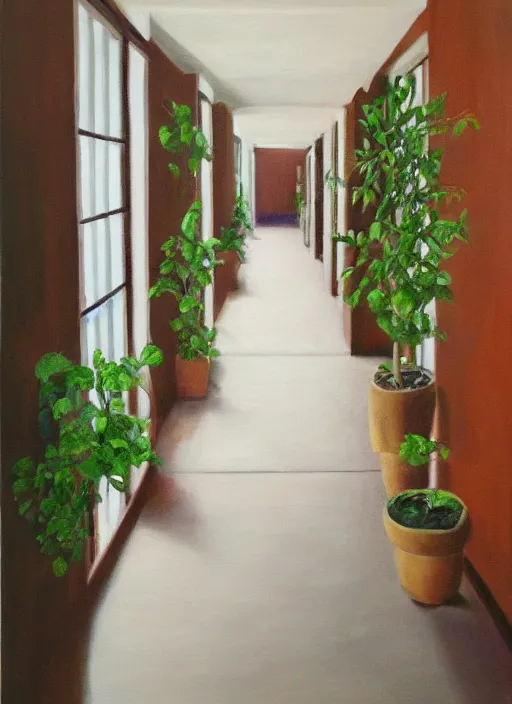 Prompt: an empty hallway, full of house plants and people, oil on canvas