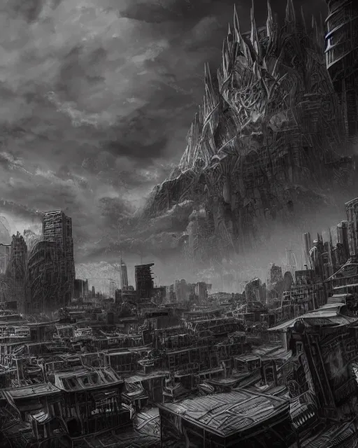 Prompt: the empty city, terrifying, evil, black and white, environment art, fantasy art, landscape art, in the style of masami kurumada, illustration, epic, fantasy, intricate, hyper detailed, artstation, concept art, smooth, sharp focus, ray tracing