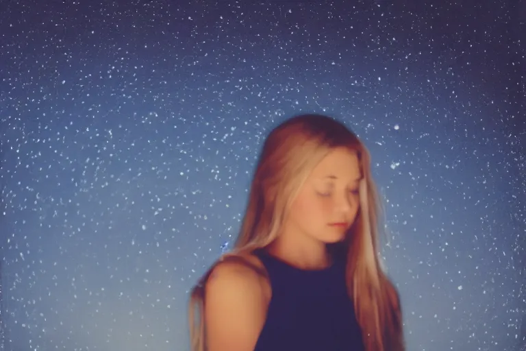 Image similar to blured shadow of sleepy young woman on white light, focused background blue night sky with stars, polaroid photo