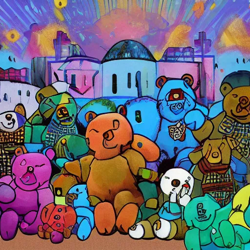 Image similar to a lot of teddy bears fights in epic battle, background a nuclear toxic multi - colored explosion in big town, psychedelic