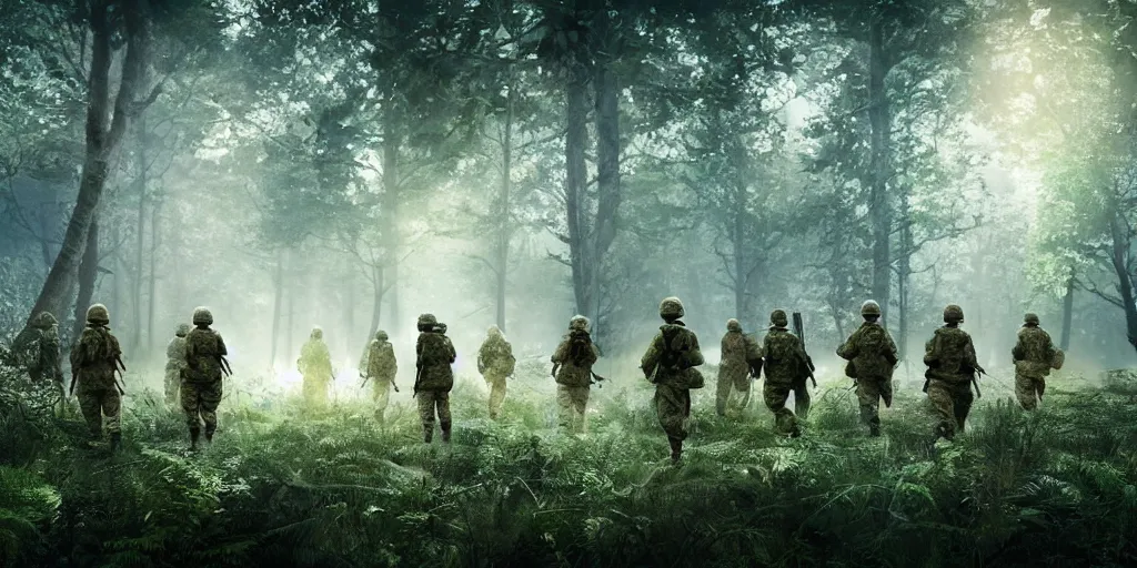 Image similar to group of female soldiers, searching through iridescent woods, makeshift camp, aerial photography, eerie, beautiful, stunning, intricate detail, cinematic, unreal engine, concept art, photorealism