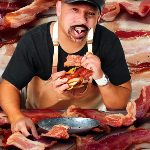 Prompt: lou perez eating bacon, realistic, high quality photo