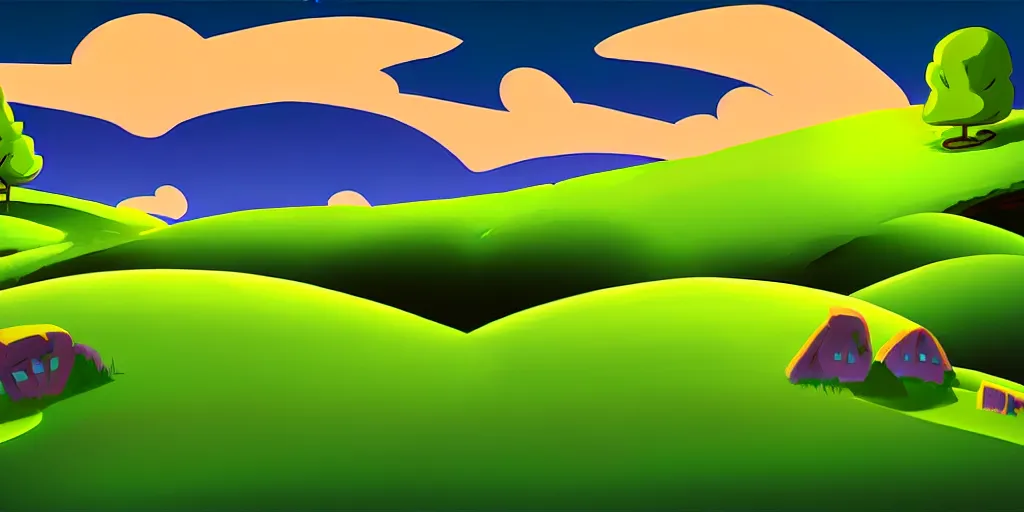 Prompt: curvy perspective cartoon concept art, grass mountain night landscape, from sam and max