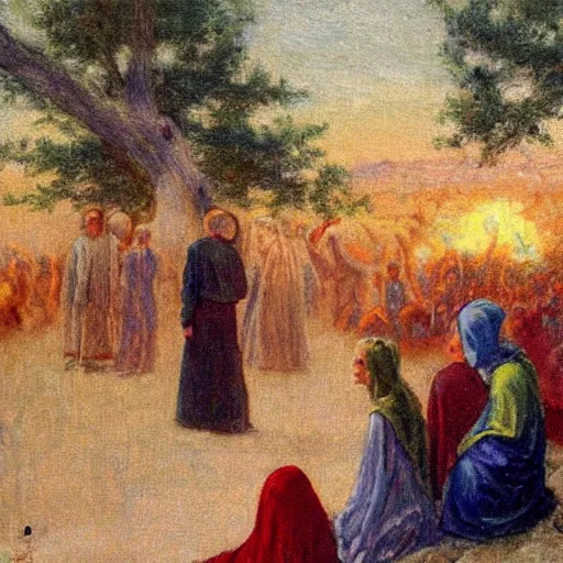 Prompt: people in kansas watch the biblical end of the world, in the style of minerva teichert, oil on canvas