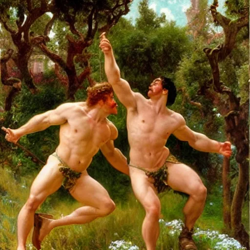 Image similar to hercules and achilles frolic in a meadow of beautiful flowers, large topiary and marble pillars in the background, painting by gaston bussiere, craig mullins, j. c. leyendecker, tom of finland