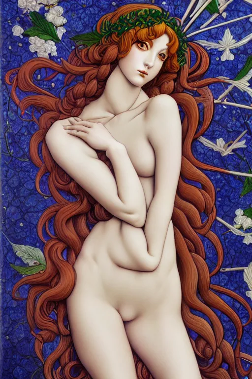 Image similar to 12 figures, representing the 4 seasons, (3 as Spring, 3 as Summer, 3 as Autumn, and 3 as Winter), in a mixed style of Botticelli and Æon Flux, inspired by pre-raphaelite paintings, shoujo manga, and cyberpunk, stunningly detailed, elaborate inking lines, pastel colors, 4K photorealistic