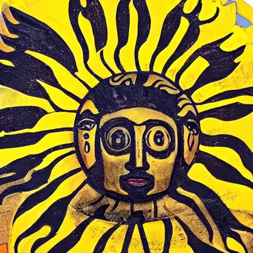 Prompt: a full body sun goddess in a yellow bodypaint wearing a huge ancient culture sun golden mask with golden blades around, with a big aztec store behind