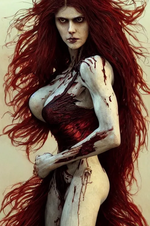 Image similar to woman!, black skeleton body!!, covered with blood, alexandra daddario face!!!, long red hair, ultra realistic, concept art, intricate details, highly detailed, photorealistic, octane render, 8 k, unreal engine. retro film still, heavy grain, 3 5 mm, art by artgerm and greg rutkowski and alphonse mucha