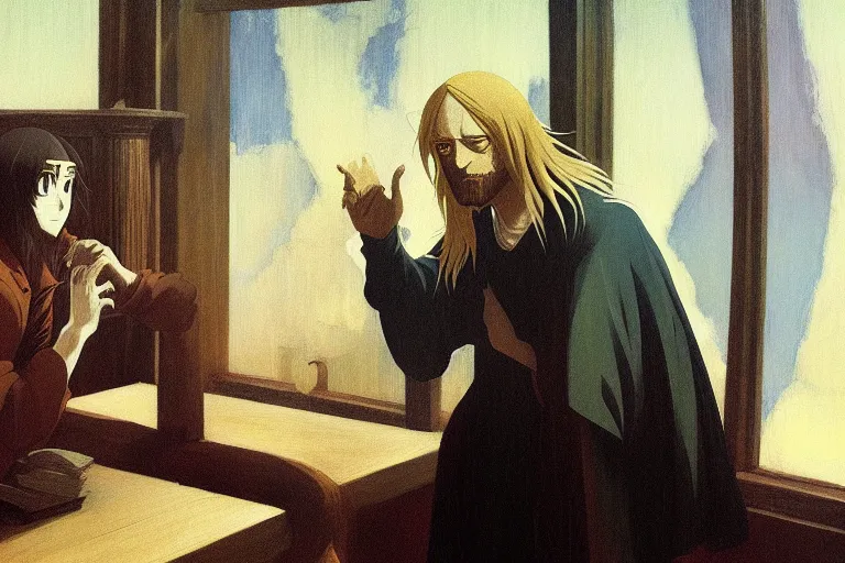 Image similar to anime key visual of leonardo davinci consorting with demons, style of jamie wyeth james gilleard edward hopper greg rutkowski acrylic painting, preserved museum piece, historical