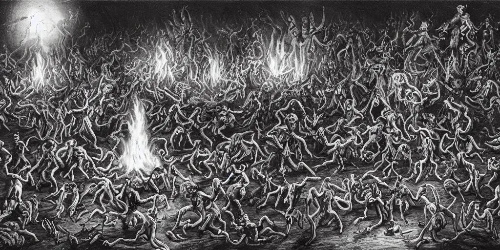 Image similar to demonish scene with many small demons and one bigger in the middle, red color, candles, bodies, gore, black and white, monochromatic