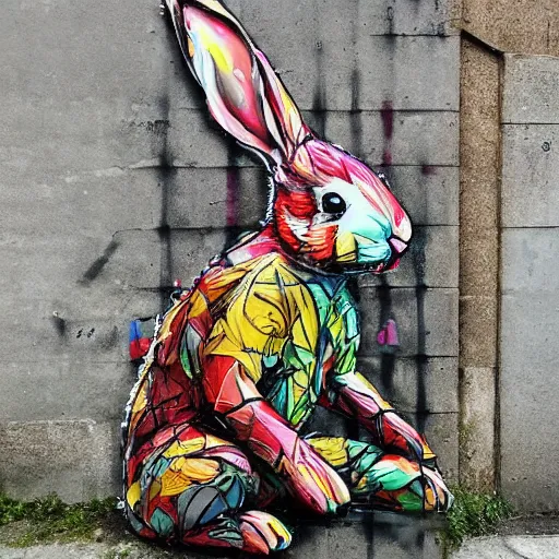 Image similar to street art of a bunny, bordalo ii artstyle, messy