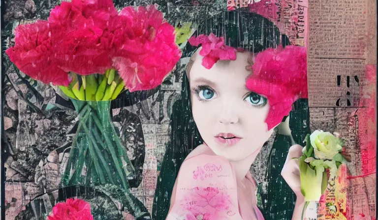 Image similar to ill bring u flowers in the pouring rain, shojo, collage, mixed media