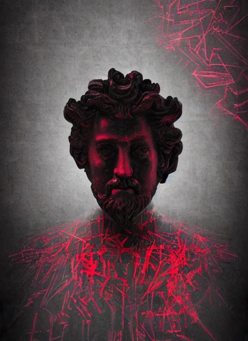 Image similar to dark design poster showing a statue of marcus aurelius, black background with very subtle red and purple design elements, powerful, nekro, vito acconci, thin straight lines, dark, glitch art, neo vaporwave, gritty, layout frame, square, trending on artstation